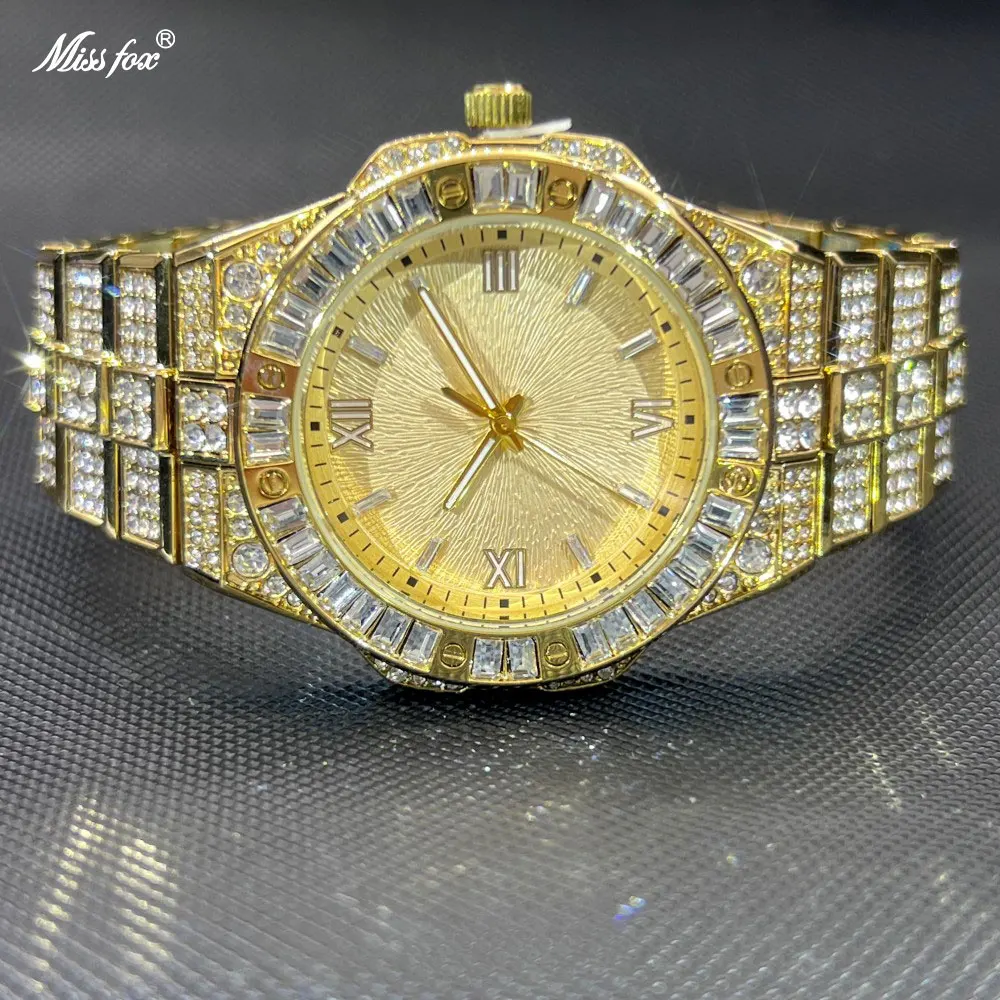 

MISSFOX Men's Watches Gold Quartz Wristwatch Fashion Hip Hop Ice Crystal Watch Men Luxury Business Quartz Wristwatch Gift