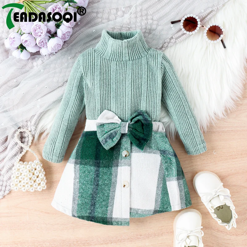 

Toddler Autumn Winter Kids Girls Clothes Suit High Neck Long Sleeve Ribbed Pullover Top+Plaid Bow Short Skirt 2Pcs Set 1-4Y