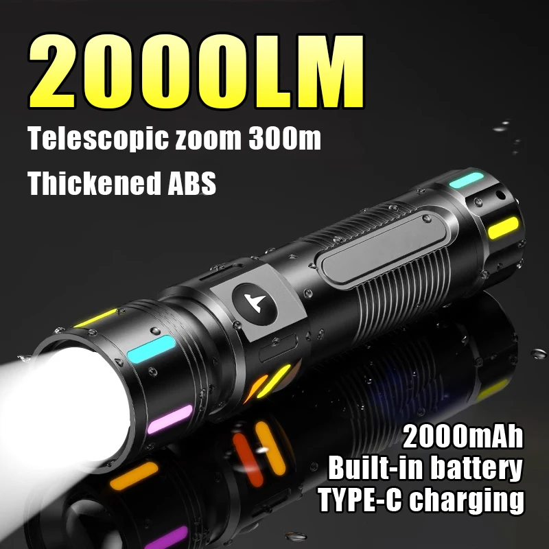 2000LM Rechargeable Flashlight 2000mah Built-in battery Fluorescence ABS Portable High Power Led Flashlight Emergency Led Torch