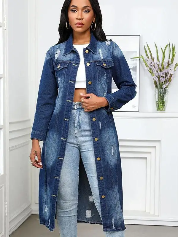 

Long Denim Coat Tear Hole Sle Jaet Large Coat Youth Trend Cotton Material Autumn Season Long Sve Flip Collar Coat