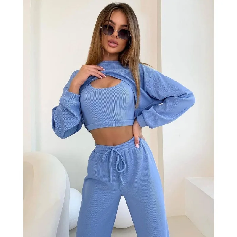 Three-piece Suit Women Y2k Crop Top Underwear Pants Sets Sportswear Hollow Out Sexy Slim O-neck Long Sleeve Tops Solid New