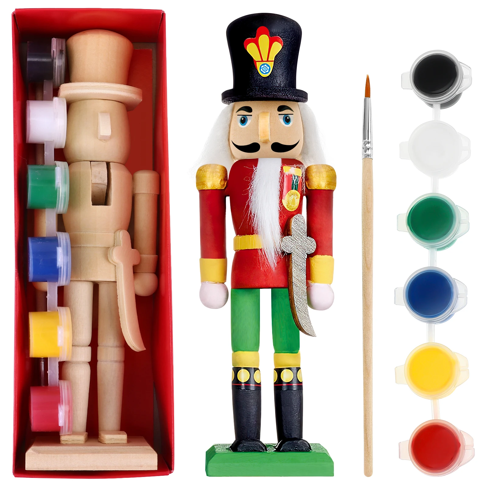 

18cm Nutcracker Puppet DIY Craft Set Unpainted Wooden Soldier with Paint and Pen Christmas Ornament