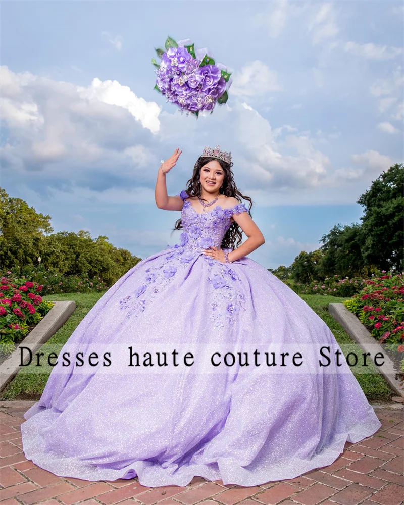 Luxe Paarse Tule Quinceanera Jurken 2023 Baljurk Bloemen Applique Kristal Sweet 16 Jurken Veteraan Verjaardagsfeest Op Maat