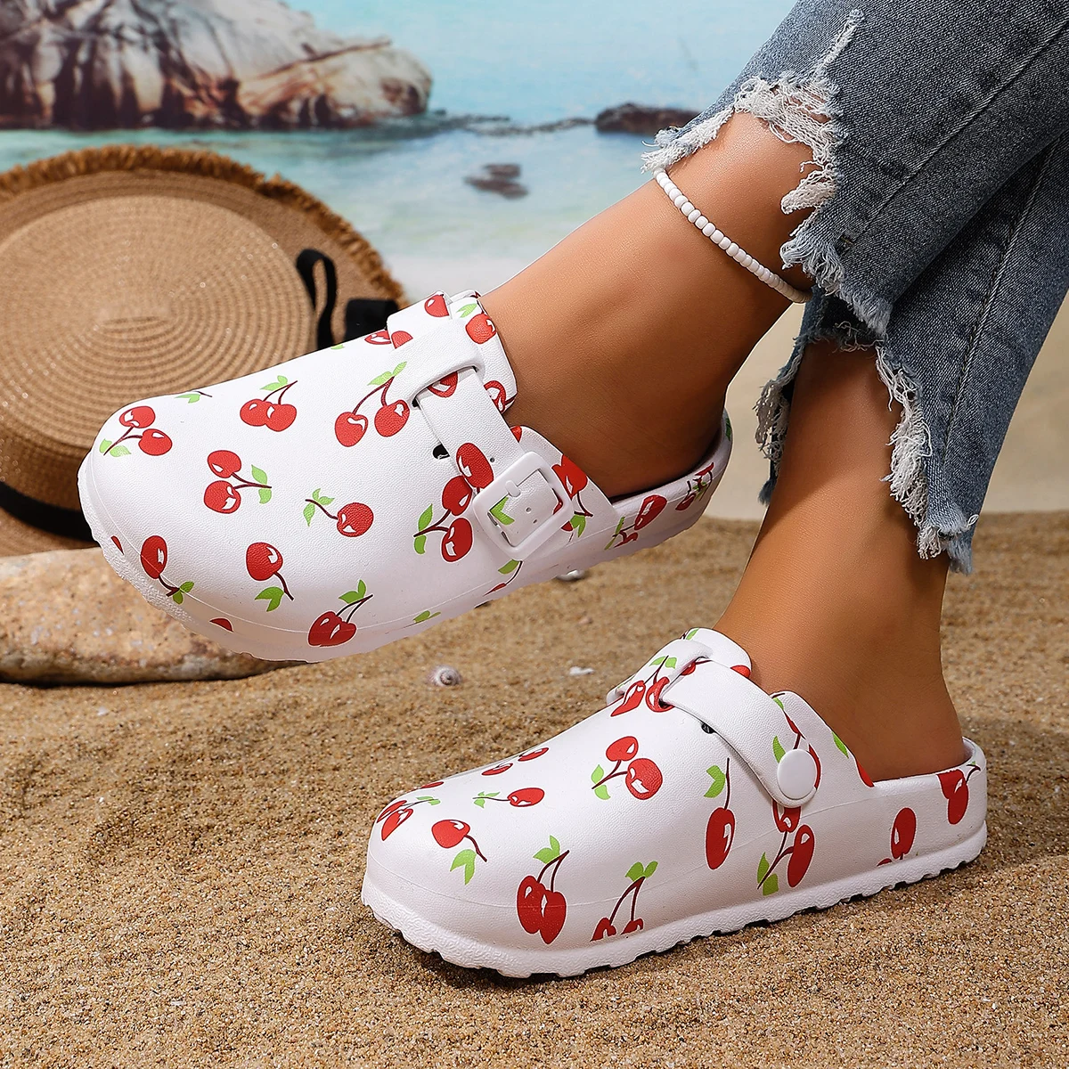 Damen-Slip-On-Sandalen mit Kirschmuster, bequem, langlebig, mit doppelter Schnalle, verstellbar, leicht, tragbar, für Reisen, Urlaub, Straße – Detail 5