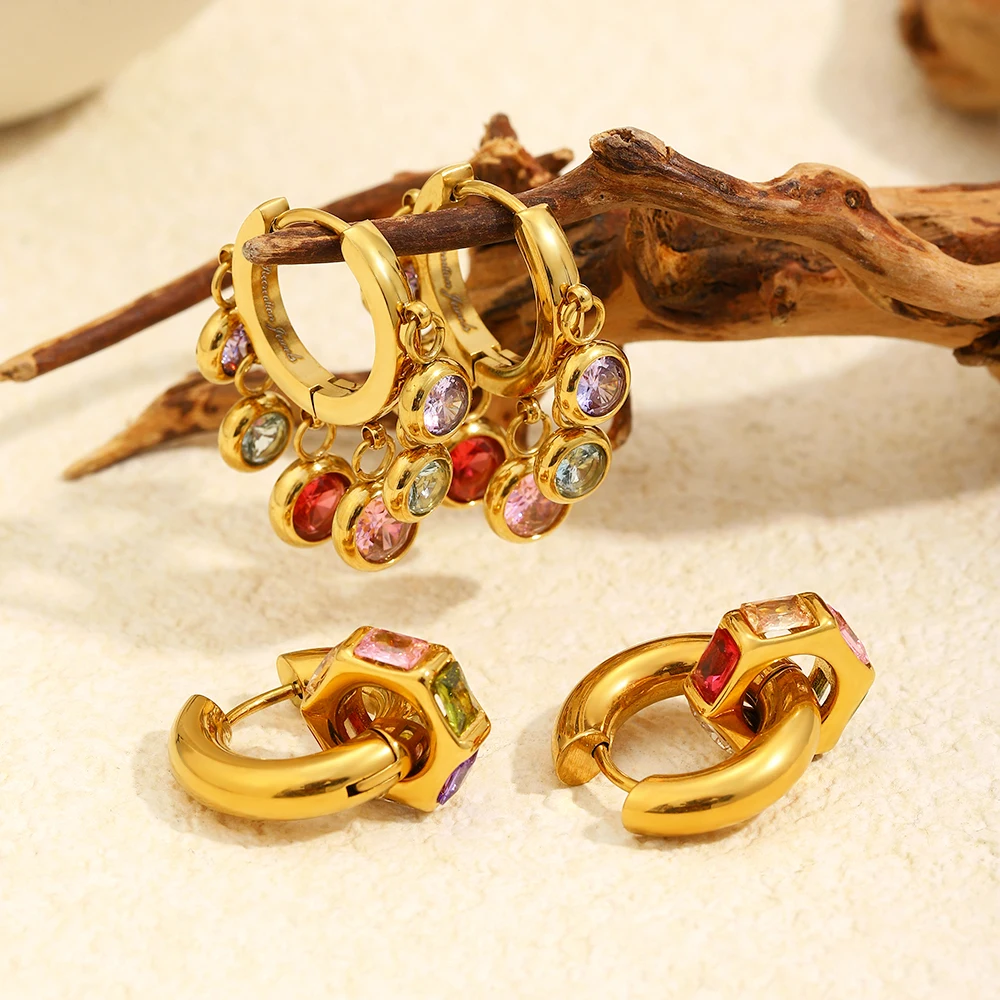 MamacitaSlay 316L Stainless Steel Multicolored Zircon Hoop Earrings 18K Gold Plated Waterproof Jewelry Women's Unique Earrings