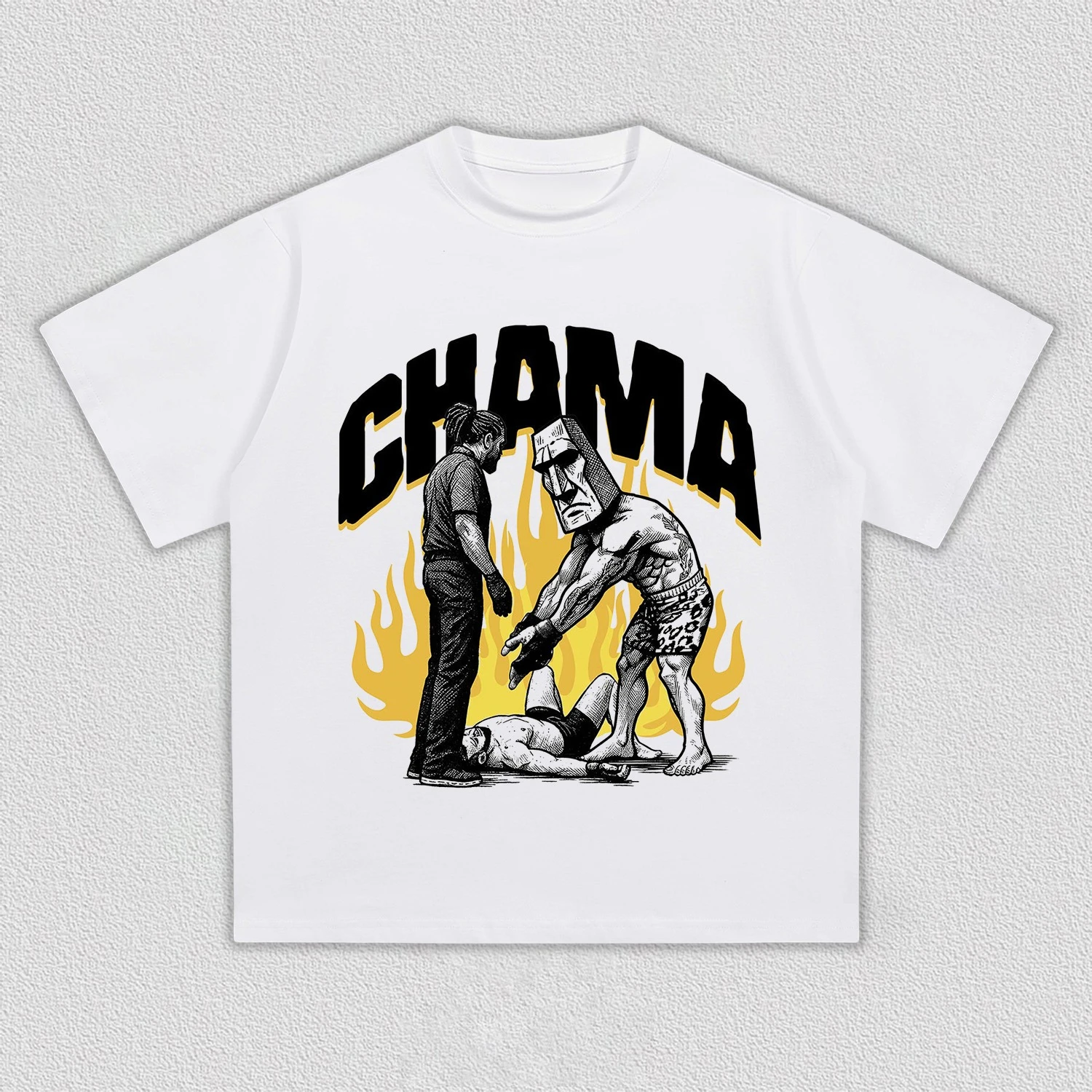 Camiseta Gráfica Chama Fighter Moai Head Flame para Homens e Mulheres, Estilo Retrô Streetwear, Camiseta de Esportes de Luta