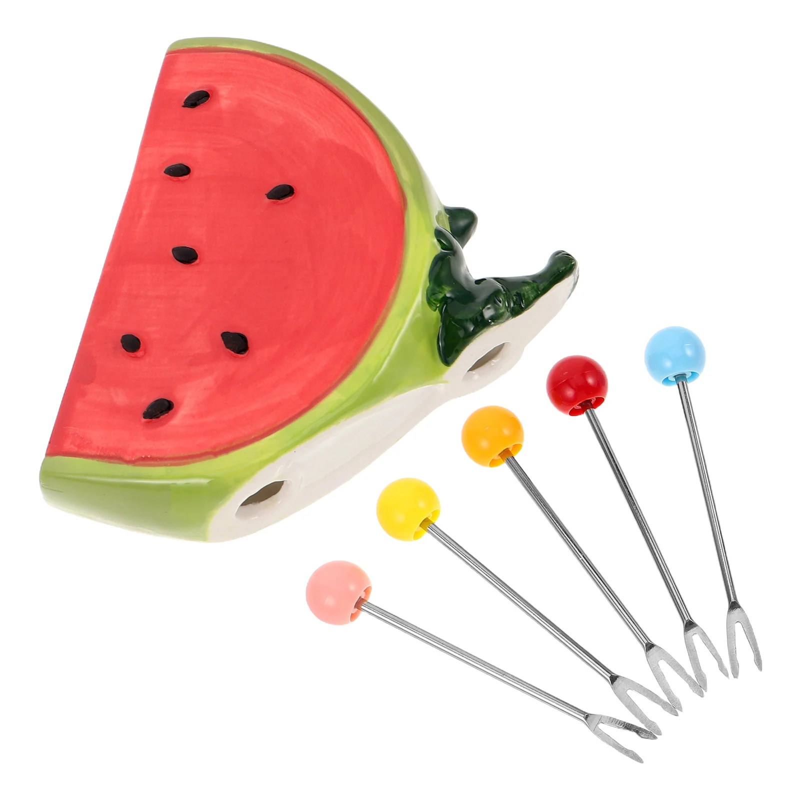 

1Set Stainless Steel Fruit Fork Set Cartoon Watermelon Ceramic Holder Dessert Salad Party Appetizer Forks Fruit Fork Set