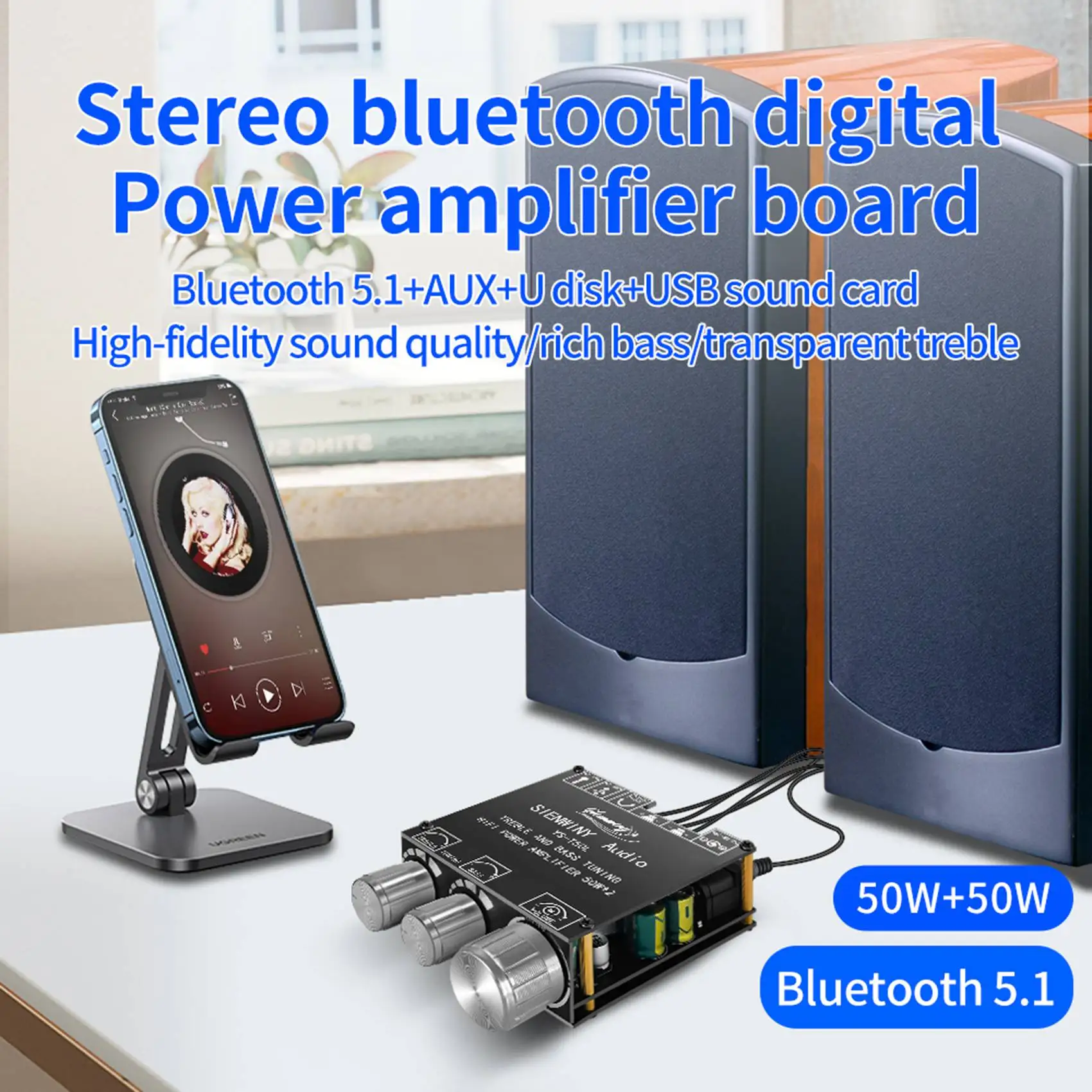 YS-T50L Bluetooth Digital Amplifier Board 50Wx2 BT5.1 with Front-End High-Bass Adjustment Stereo Audio Amplifier DC5-26V