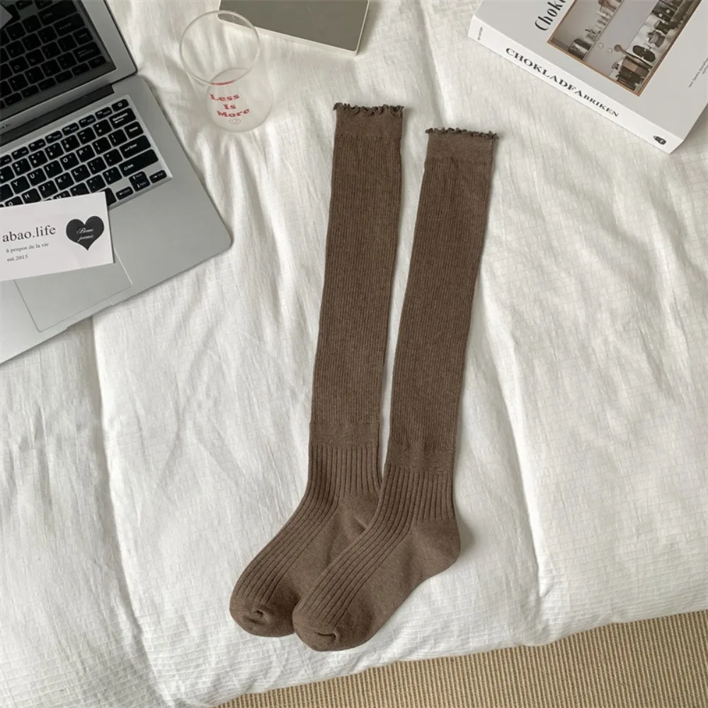 

Casual Ruffles Long Stacked Socks Solid Color Vertical Striped High Elasticity Stockings Warm Knee High Socks Autumn Winter