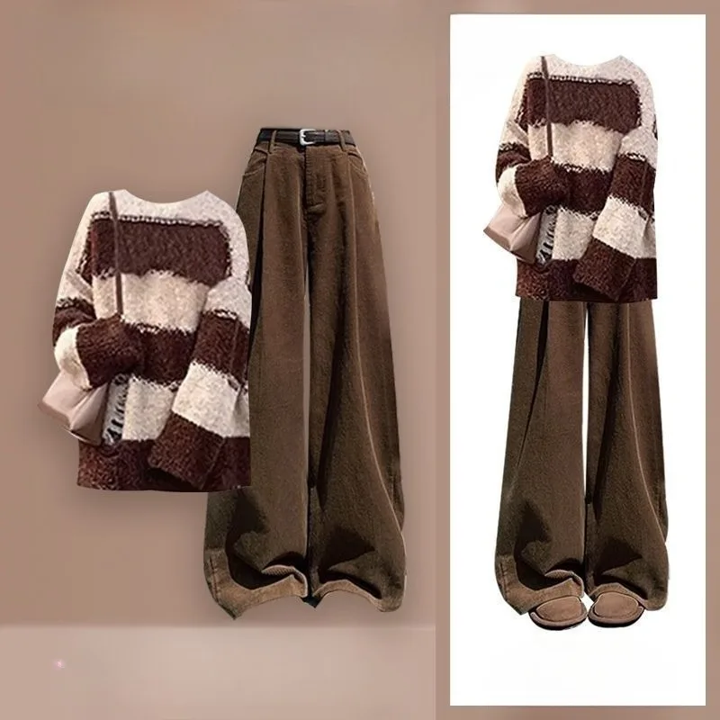 

Новый женский зимний костюм большого размера, стильный молодежный свитер, джинсы для похудения на талии, модный комплект из двух предметов