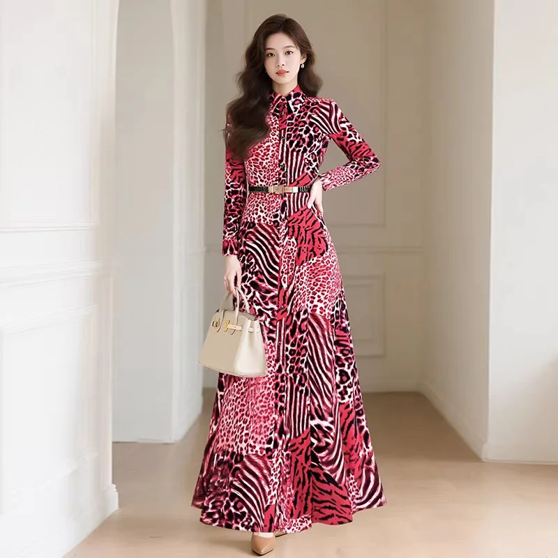 

New Women Spring Summer Long Dress Fashion Shirt Style High Waist Long Sleeve Dress Elegant Pink Leopard Print Holiday Dress