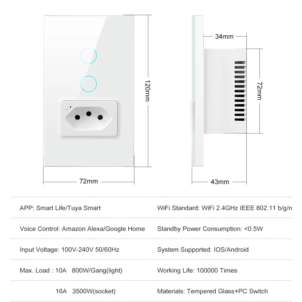 AVATTO Tuya WiFi Wall Switch & Socket,4X2 Glass Panel 1/2 Buttons Brazil Smart Light Switch Remote Control For Alexa Google Home