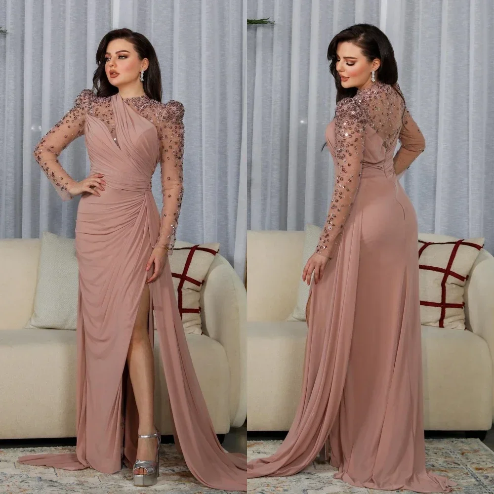 

Evening Sexy Casual Chiffon Draped Pleat Beading Beach A-line High Collar Bespoke Occasion Gown Long Dresses 2024 luxury dress