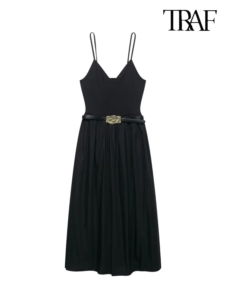 

TRAF Women's Splicing Design V-Neck Midi Dress Elegant with Belt Sleeveless Sheath Dresses Casual Holiday Style Women's Y2K