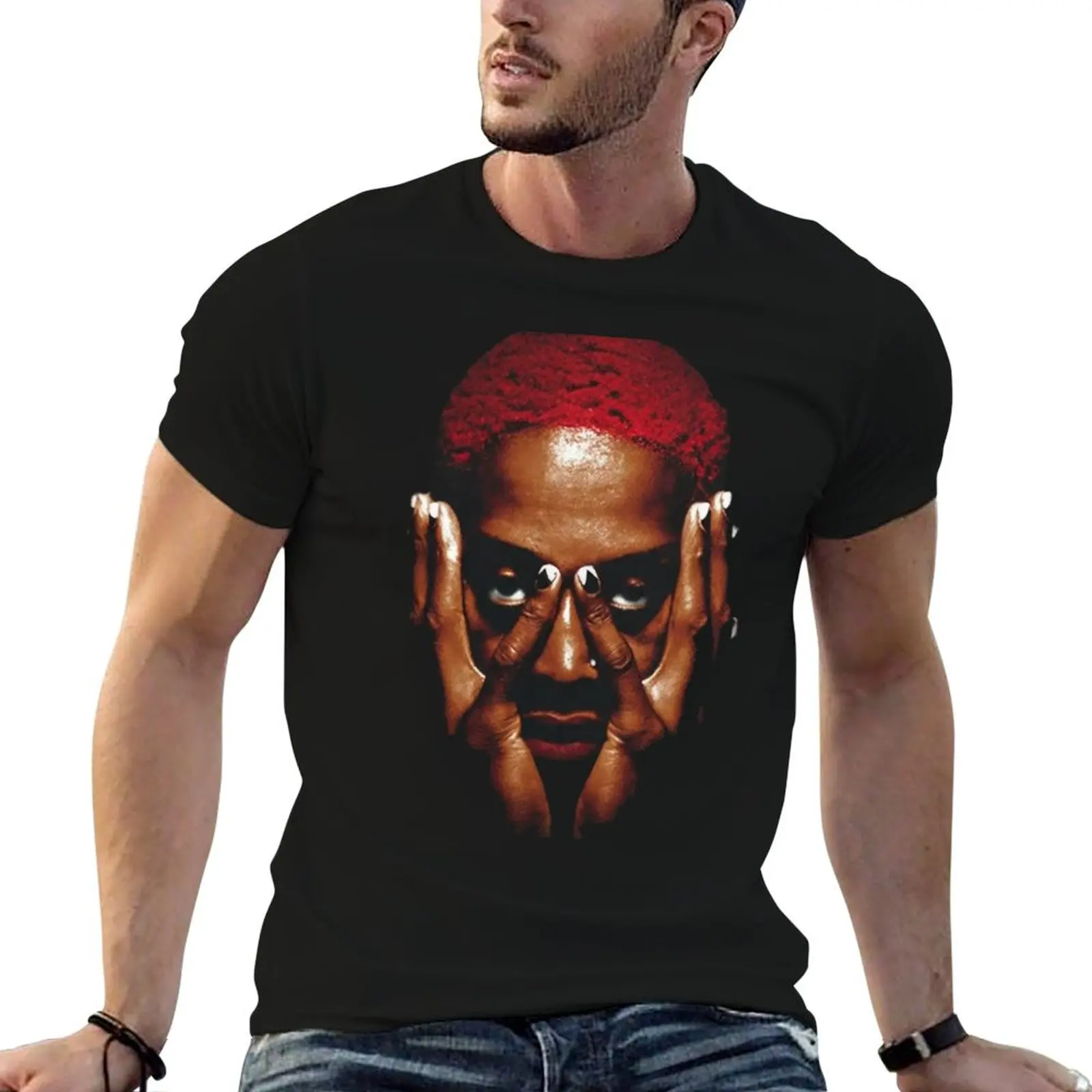 Camiseta masculina dennis rodman red homage, camiseta gráfica masculina, camiseta de algodão de alta qualidade, camiseta com estampa personalizada