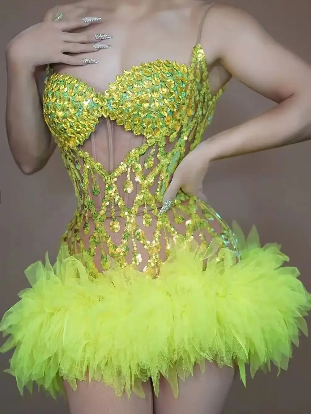 Green crystal dress sexy top and skirt sets dancemesh lace pearl birthday party nightclub dragqueen costumes performance