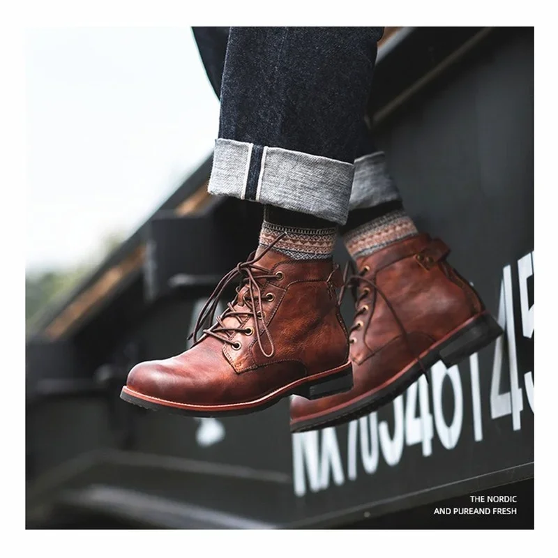 Large Size 38-48 Fashion Men's Leather Boots High Comfortable Shoes Color Matching Thick Bottom Casual Retro Boots Cowboy Boots
