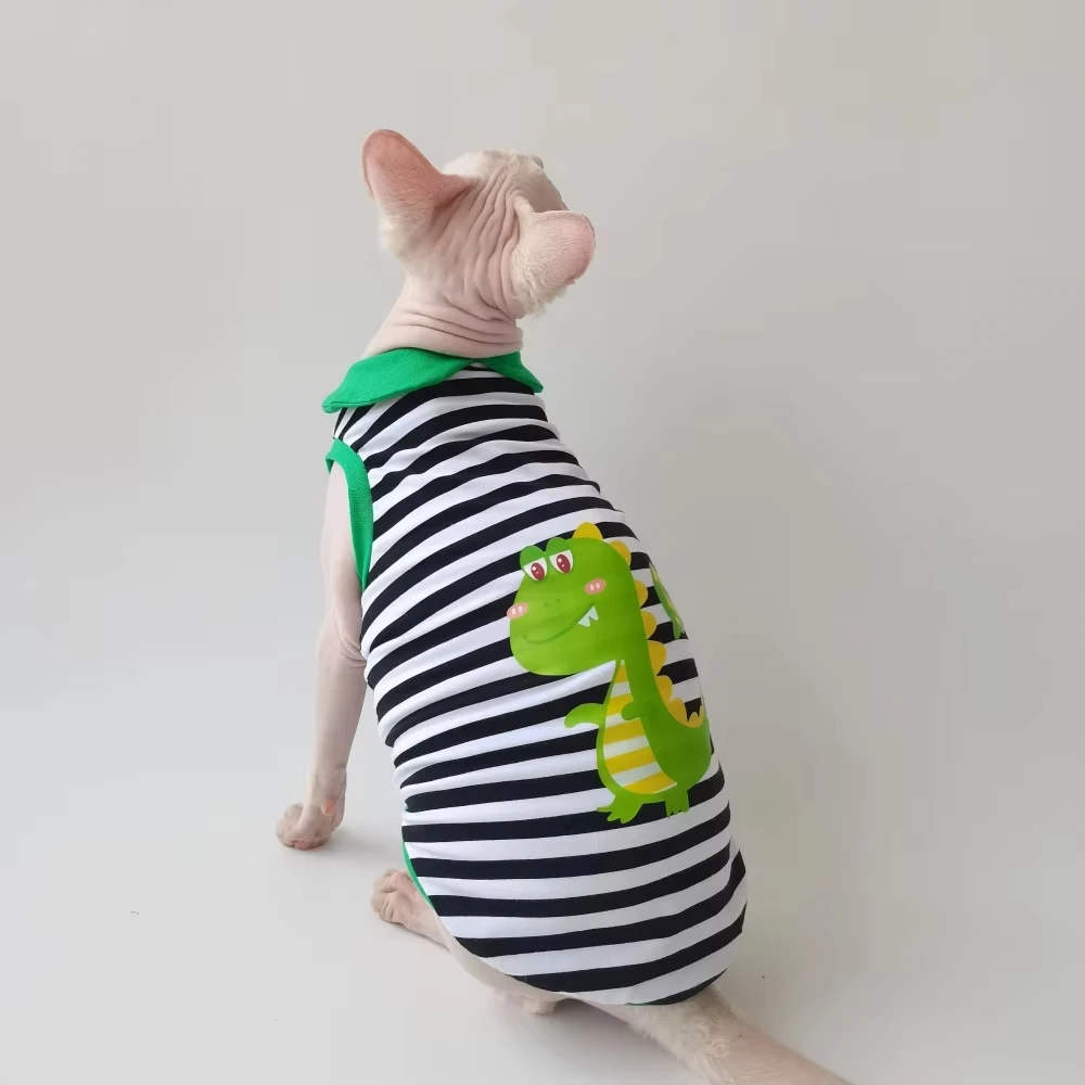 

Cartoon Striped T-shirt for Sphynx Cat in Spring Summer Cute Blue Dinosaur Polo Suit Black Sleeveless Fashion Vest for Devon Rex