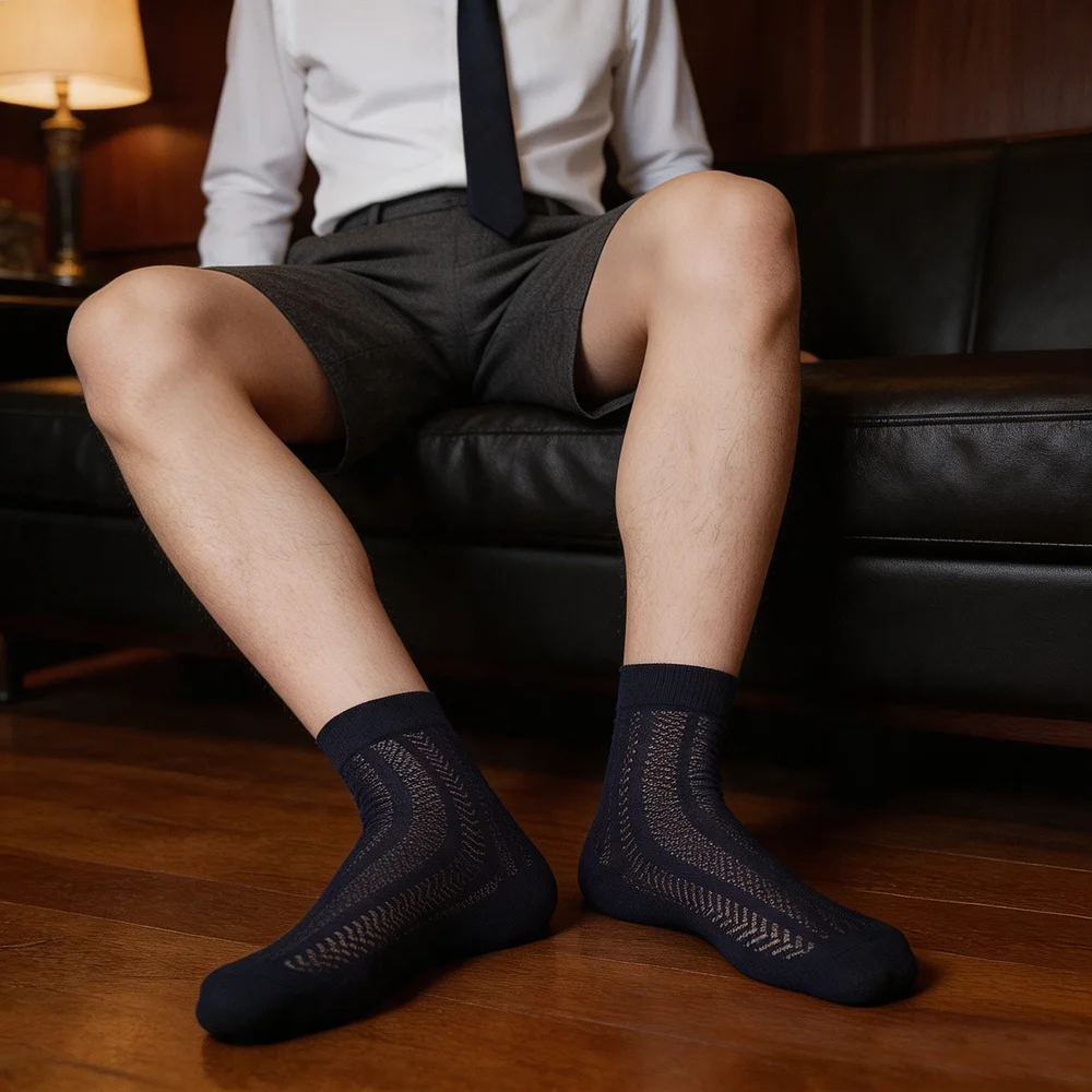 Men's Breathable Mesh Short Dress Socks Hollow Out Business Formal Suit Socks Summer Lightweight Herringbone Pattern Crew Socks