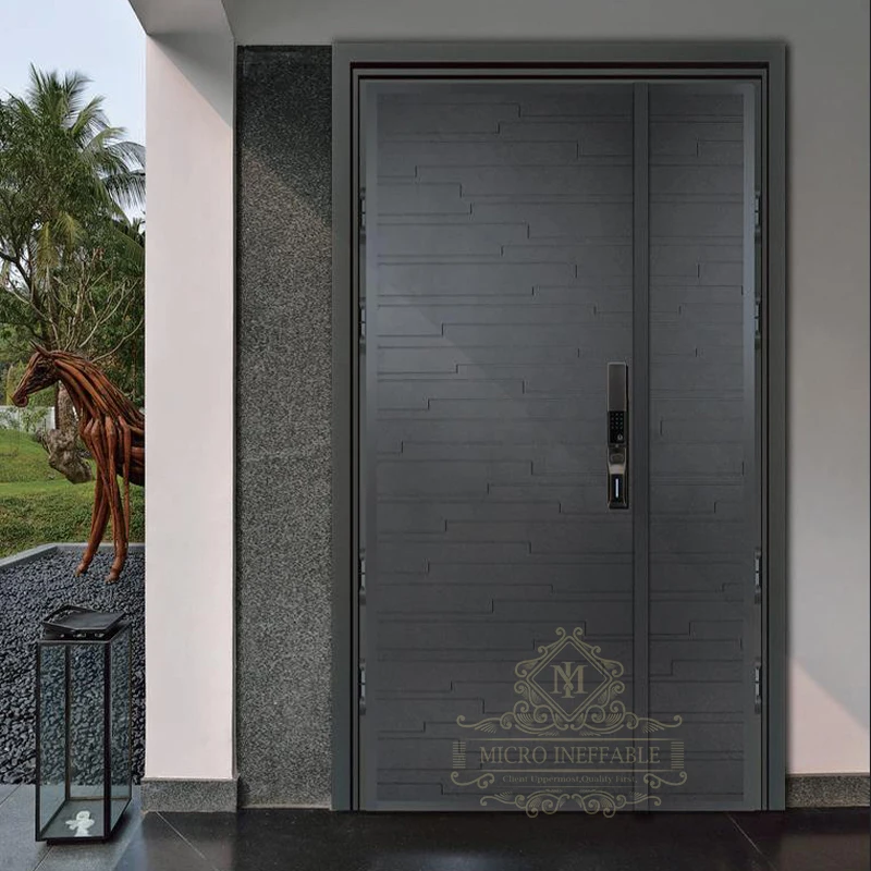 Desain Modern dekoratif baja tahan karat keamanan pintu masuk eksterior utama baja anti-maling pintu logam untuk rumah