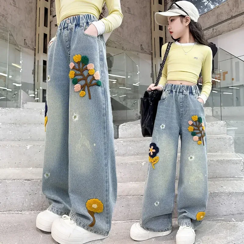 

Spring Kids Vintage Blue Jeans with Appliques For Girl New Casual Outdoor Denim Pants Slim Fit Loose Jeans Trousers For Teenager