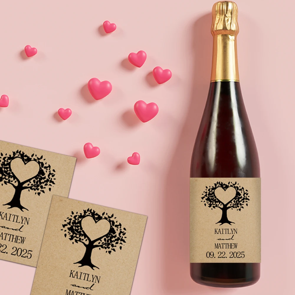 Maßgeschneiderte Namen für Bräutigam und Braut und Hochzeitstag-Party-Weinflaschenaufkleber, Vintage-Kraftpapieraufkleber für Partywein