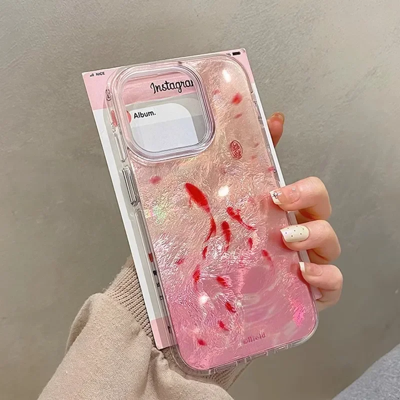 Pink Blurred Little Red Fish Phone Case for IPhone 16 15 11 12 14 13 Pro Max Mini XSM XR 7 8 Plus Cartoon Gradient Glitter Cover