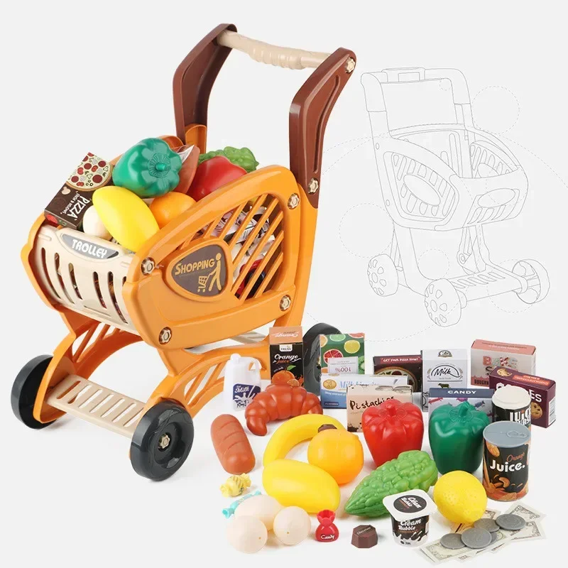 42pcs/set Simulate home shopping carts trolley kitchen food fruit and vegetable Play house Interactive Toy baby birthday gift