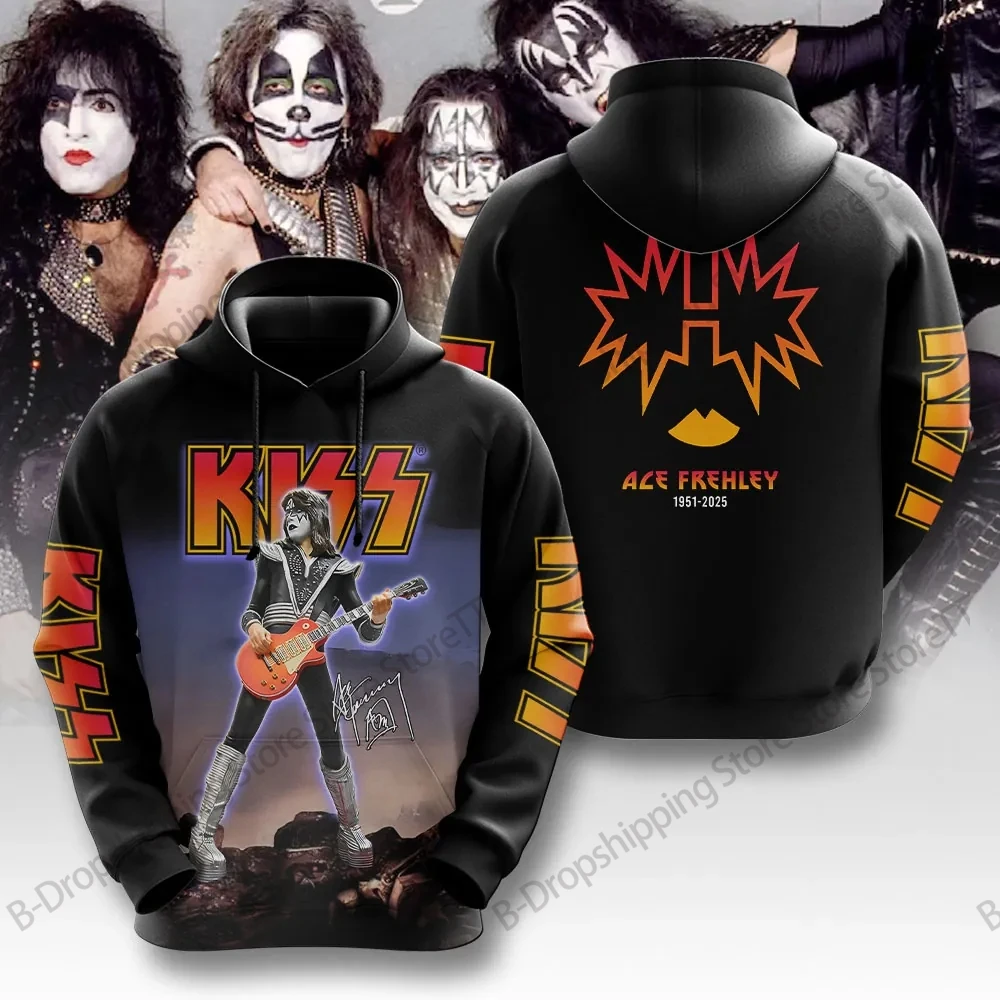 جديد روك هوديي البلوز قبلة الفرقة Ace Frehley ثلاثية الأبعاد طباعة هوديي الرجال النساء موضة الشتاء المتضخم رياضية فاسق الملابس السوداء