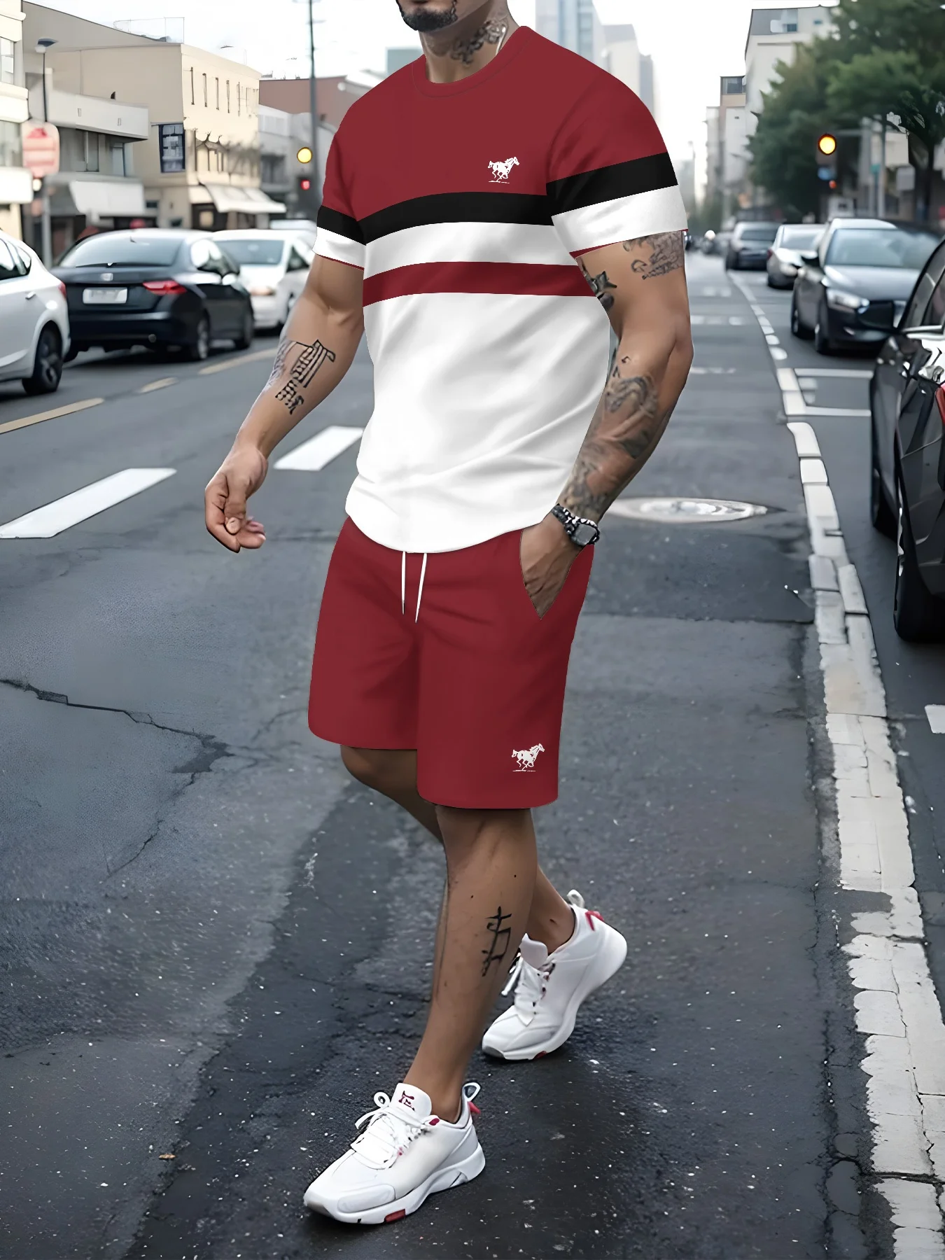 

2025 Новый тренд, уличный удобный мужской костюм в стиле хип-хоп, быстросохнущий комплект из двух предметов с 3D-печатью сверху и снизу