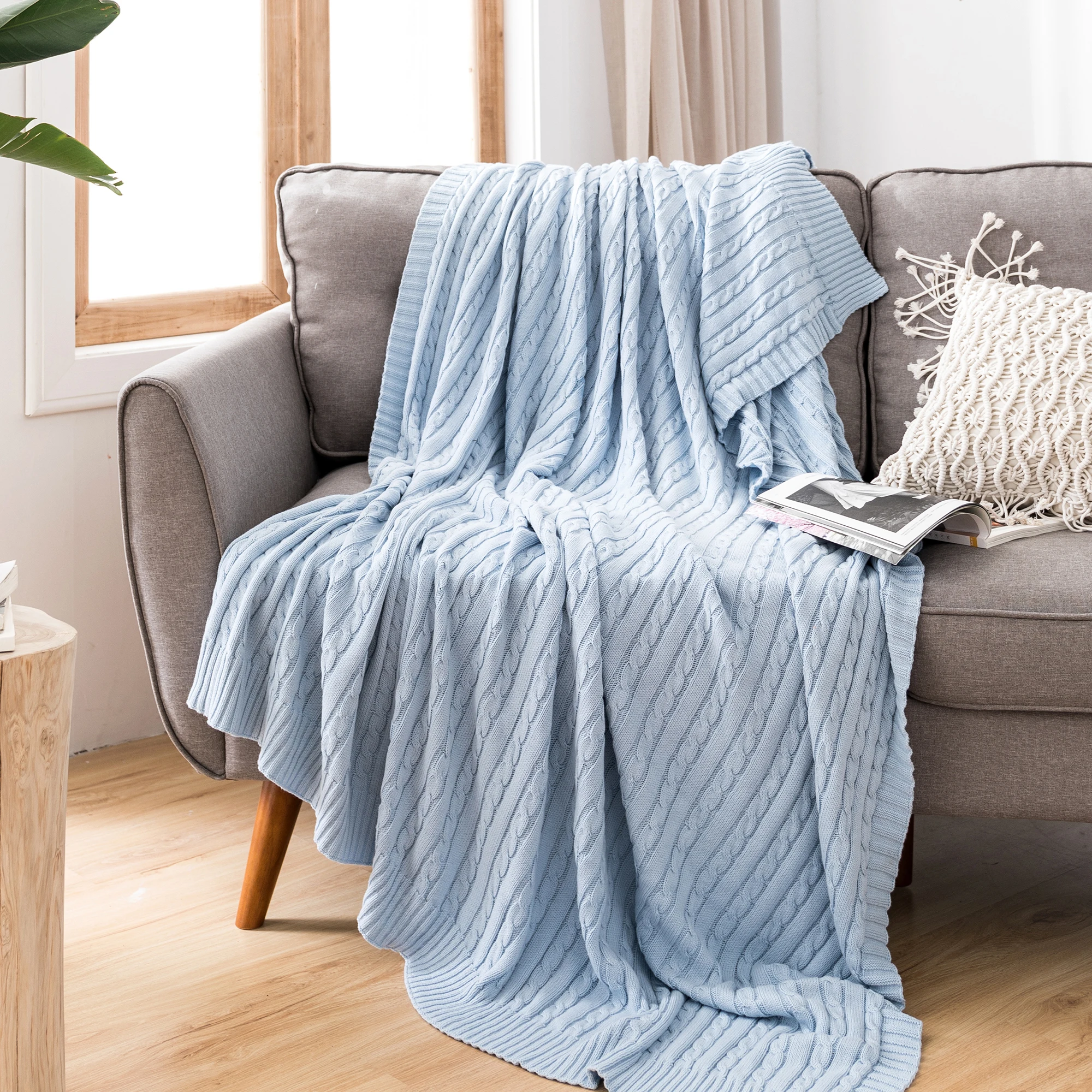 Battilo Cotton Knitted Throw Blanket Soft Cozy Cable Knit Sofa Throws Large Heavyweight Decorative Blanket for Twin Queen Bed