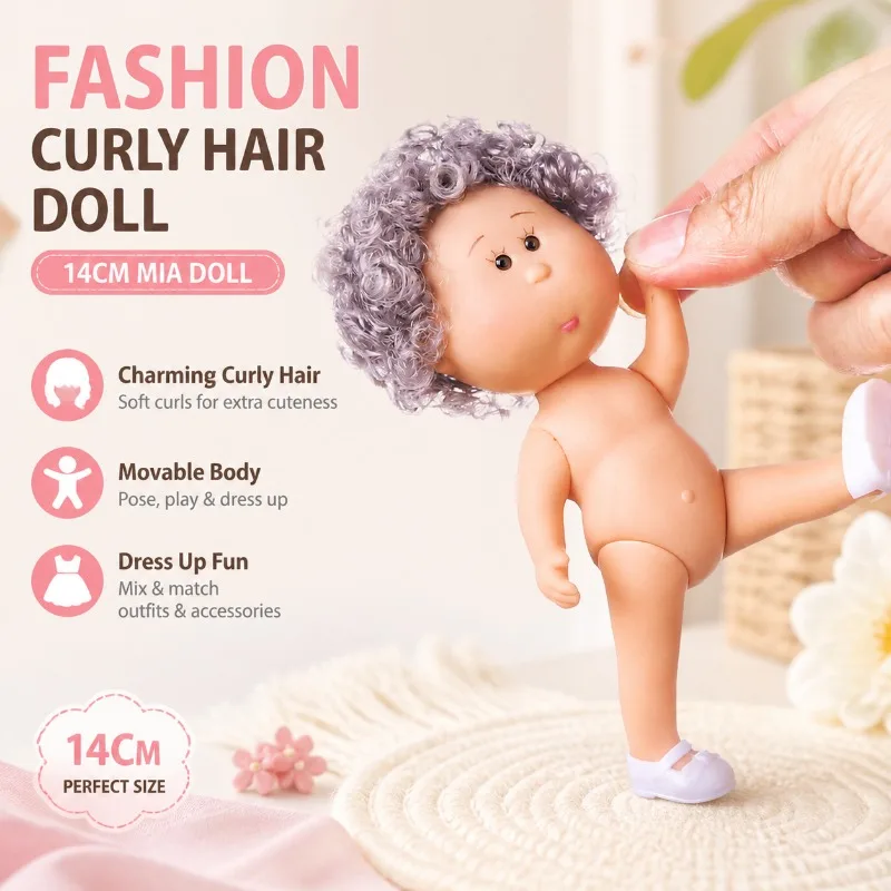 

Fashion Curly Hair 14cm Bean Eye Vinyl Doll Dark Skin Movable Mia Potato Dolls Dress Up 14cm Action Figure Body Doll Accessories