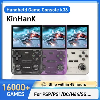 KINHANK เปิด K36 Retro คอนโซลวิดีโอเกมมือถือ 16000 เกมจําลองสําหรับ PS1/PSP/DC/N64/SS 500nit 3.5 นิ้วหน้าจอ IPS