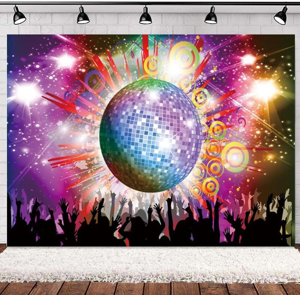 Photography Backdrop Shiny Neon Lights Disco Ball Party Background Popular Musical 70s 80s 90s Adults Crazy Birthday Dance DJ