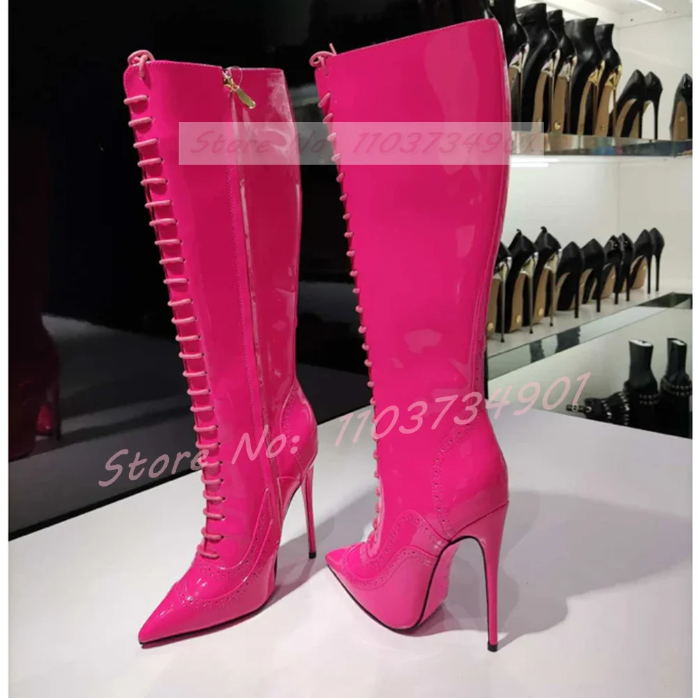 Rosa suola cerniera stivali al ginocchio donna Sexy discoteca Lace Up punta a punta tacchi alti stivali Lady Party Nifty Punk Fashion Shoes