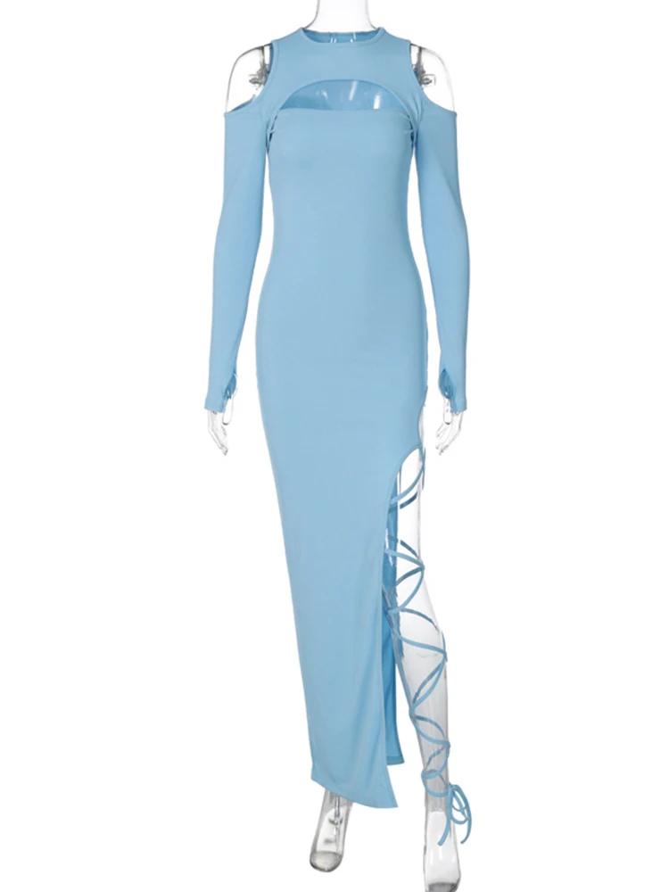 CNYISHE wydrążone seksowne klubowe sukienki damskie z długim rękawem moda Streetwear Slim scath Bodycon szaty zwykłe damskie