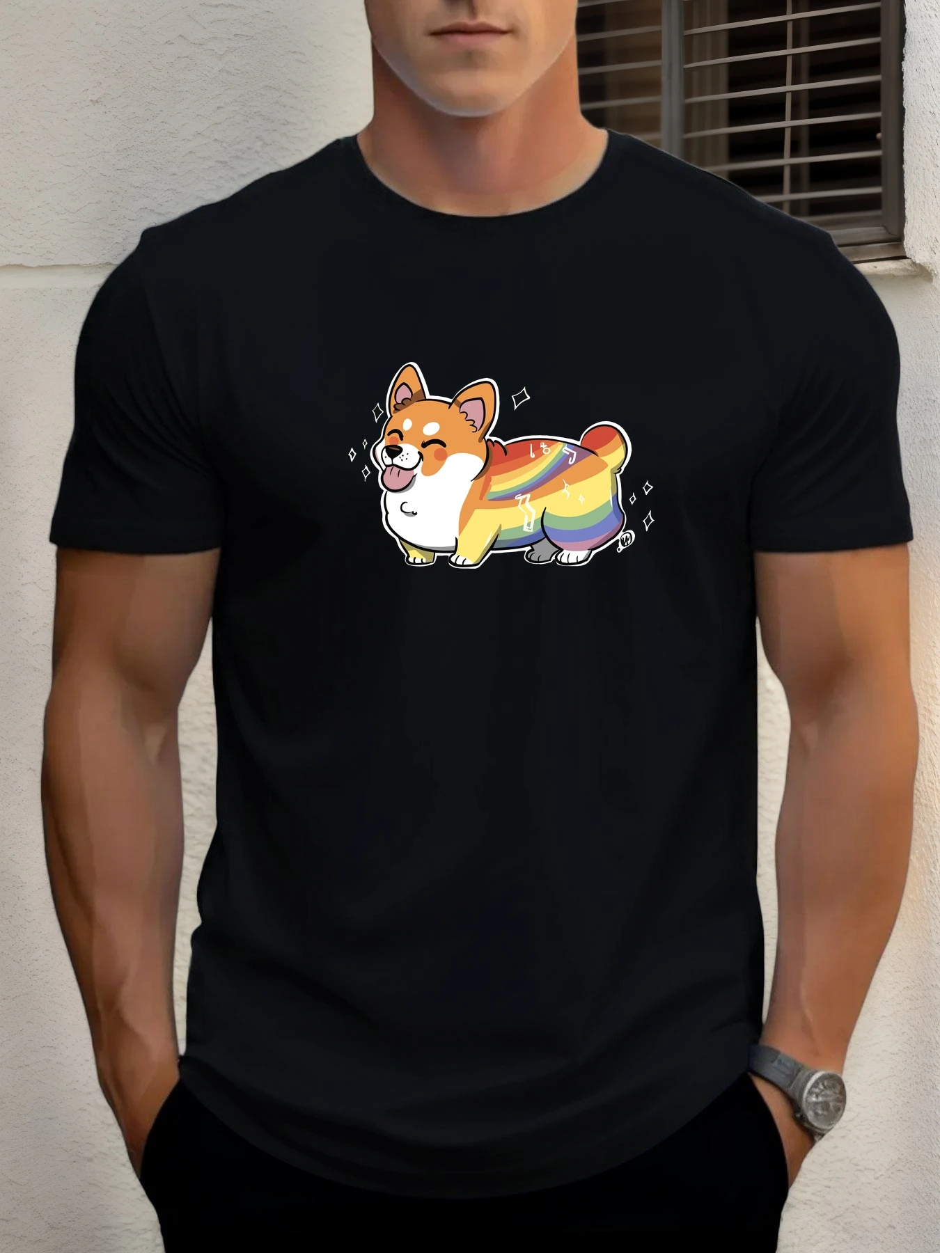 

T Shirt For Men's Rainbow Corgi 100% Cotton Graphic Print Summer Round Neck Tee Casual Breathable Streetstyle Daily Cool T Shirt