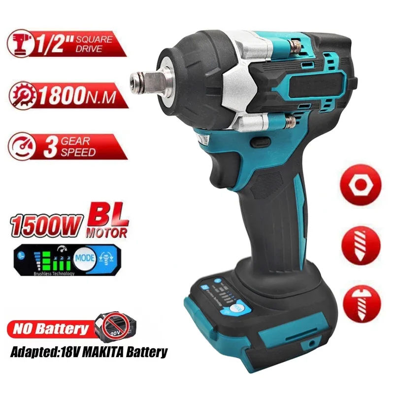 Chave de Impacto sem Escova Apto para Makita 18v Bateria 1500w 1800 N.m Torque 2”