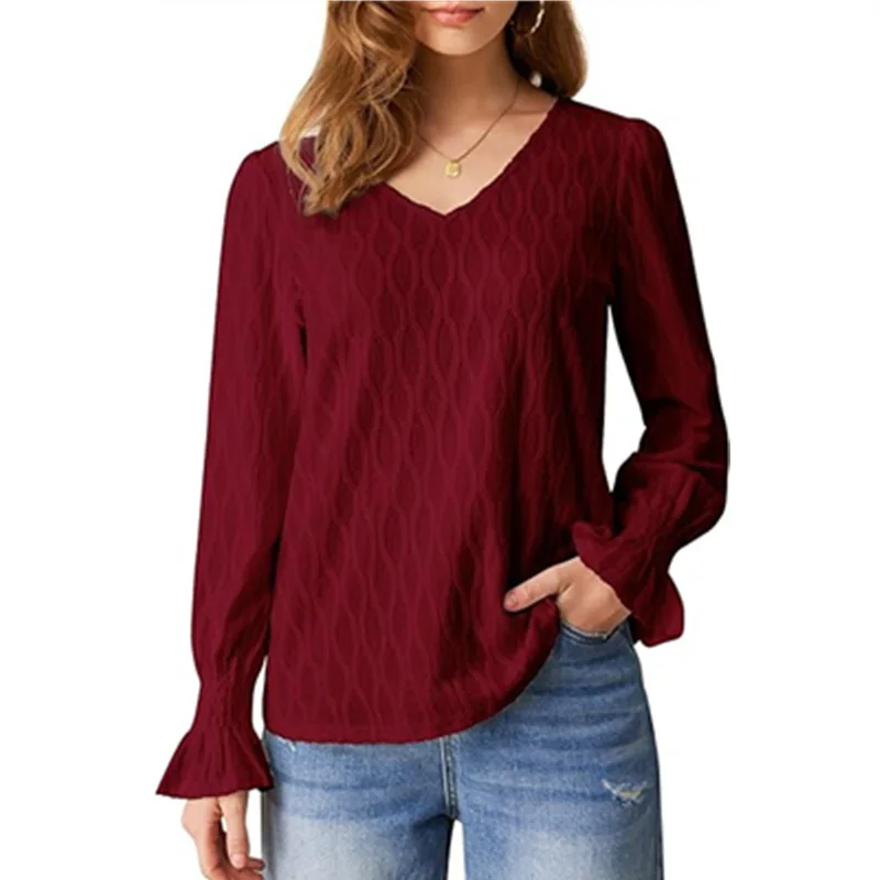 Solid Color V-Neck Regular Shoulder Flared Sleeve T-Shirt Women's Spring Autumn Europ-American Fashion Base Layer Slim Fit Top