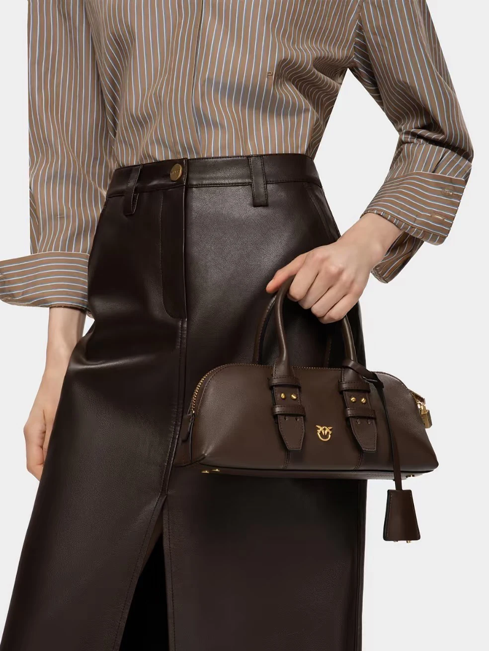 2026 Luxuriöse Pinko-inspirierte Swallow Bowling Bag aus Vollnarbenleder, minimalistische, hochwertige Damenhandtasche