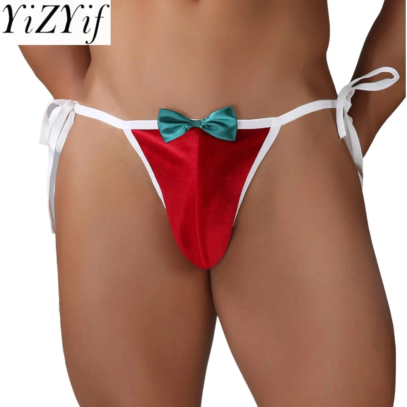 ملابس داخلية رجالية سيسي منخفضة الارتفاع برباط على شكل حرف T من الخلف ملابس داخلية حمراء ملونة مخملية سانتا عيد الميلاد ثونج مضحكة لألعاب الزوجين المثليين #1