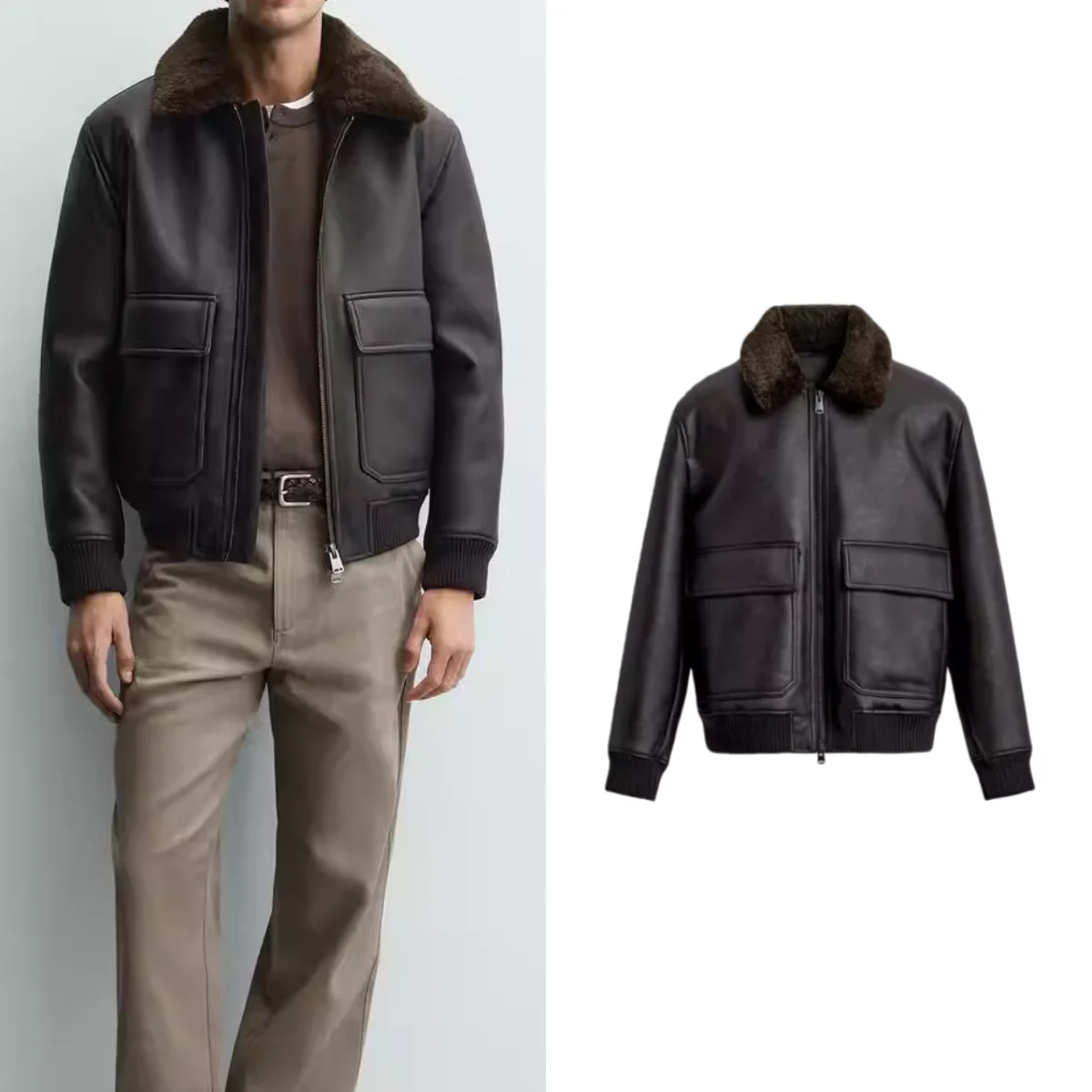 Men's Leather Jacket New Autumn Winter Zipper Closure Long Sleeve Standard Fit PU Leather Collar Stand up Collar Youth Fashion