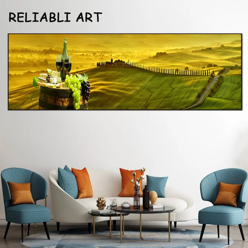 Green Field Grapes Wine Glass Poster and Prints Natural Canvas Painting Wall Art Pictures for Living Room Home Decor No Frame