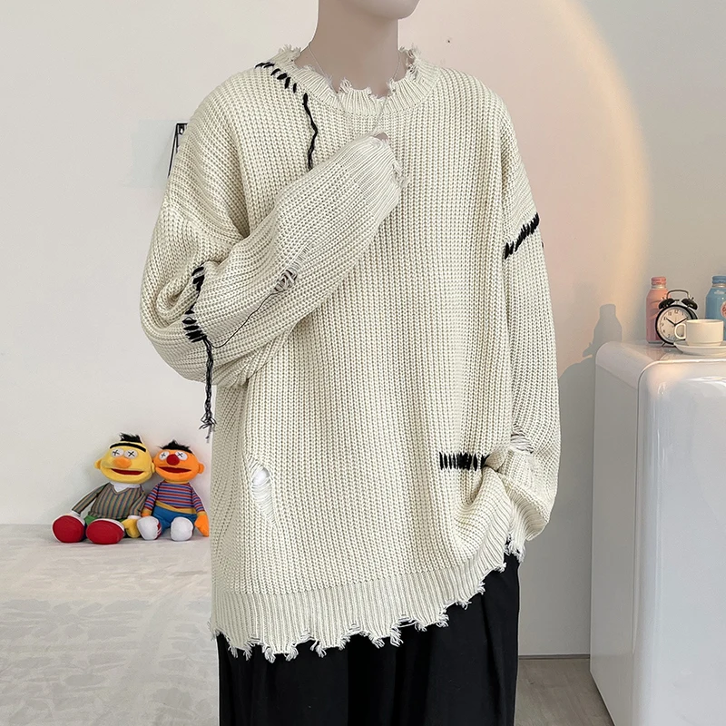 Men Pullovers Irregular Hole Designs Harajuku Fashion Couples Long Sleeve Knitwear Round Neck High Street Sweaters Male Autumn