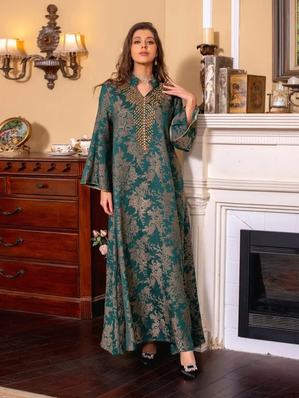 Eid Muslim Dress for Women Abaya Beading Stand Collar Jalabiya Morocco Party Dresses Abayas Kaftan Abaya Vestidos Arab Long Robe