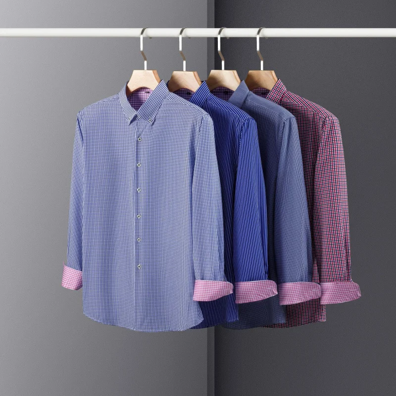 Exclusive Elastic Digital Print Men's Long Sleeve Shirt Plaid Striped Shirt Men's Top Hot Sale