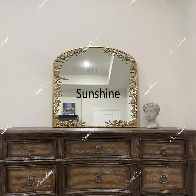 French vintage makeup mirror, classic carved gold court-style entryway mirror
