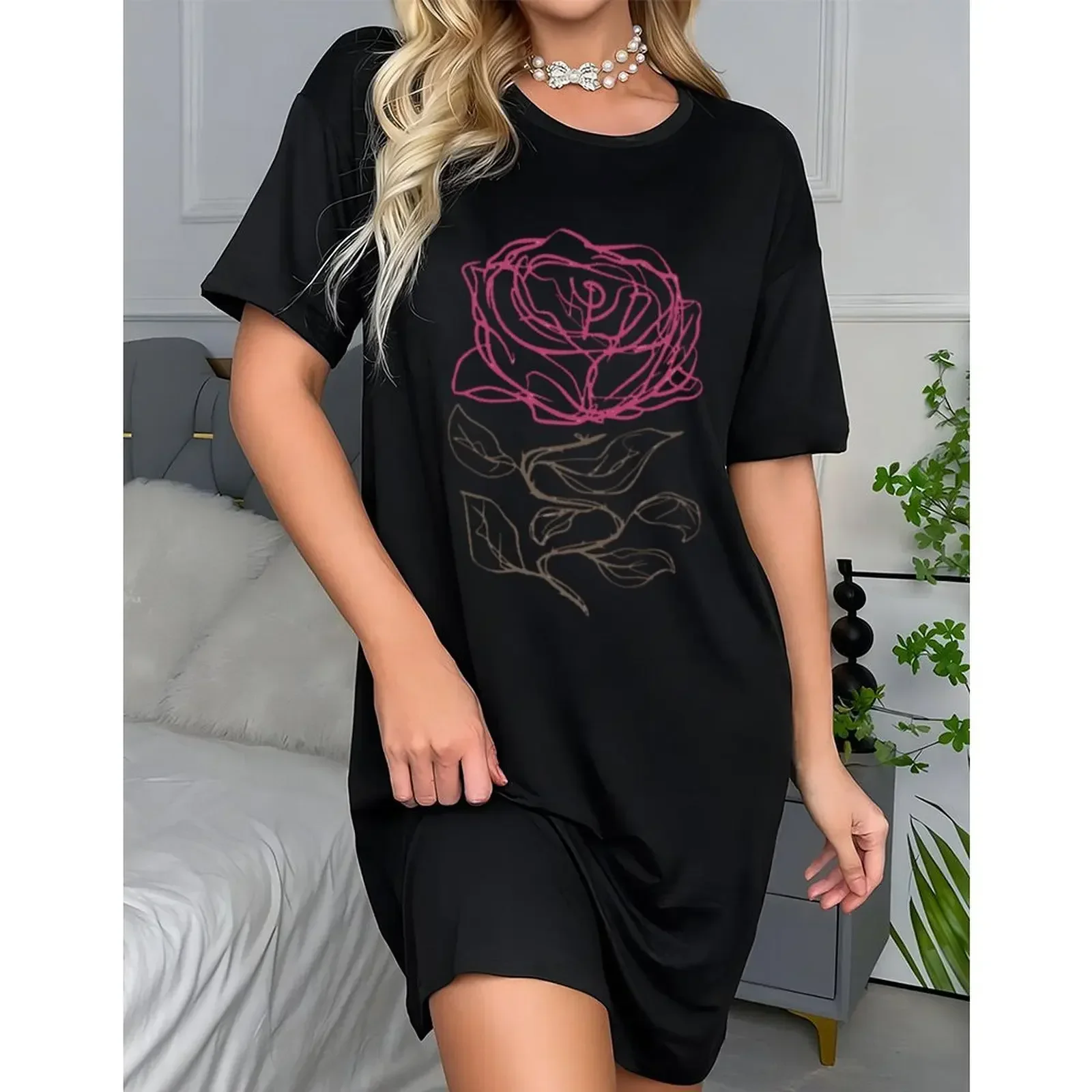 تي شيرت نسائي كبير الحجم بأكمام قصيرة مع طباعة أنيقة ورقبة دائرية كاجوال لقضاء عطلة الصيف والربيع والارتداء اليومي #3