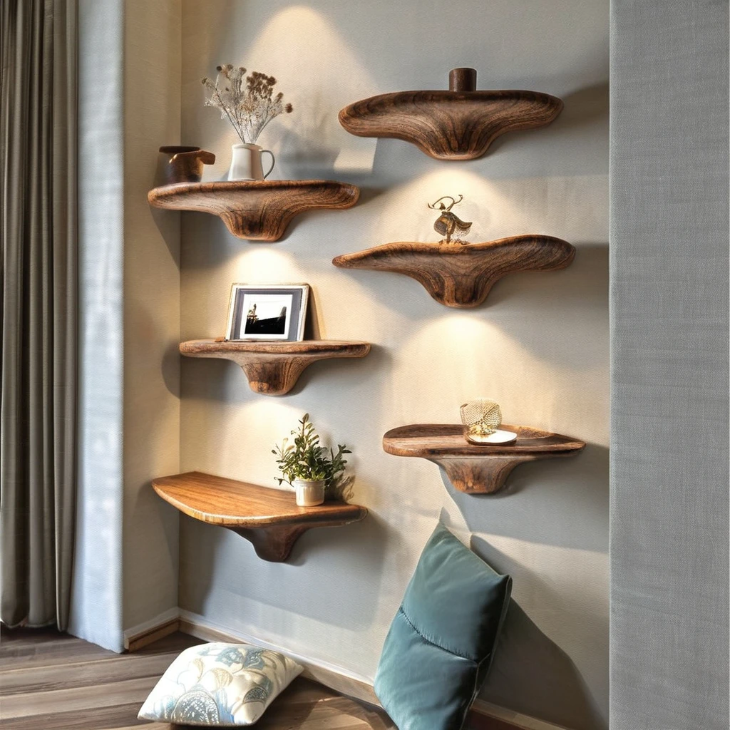 

Solid wood live edge mushroom country wall decoration handmade mushroom floating shelf corner wall shelf unique home decoration