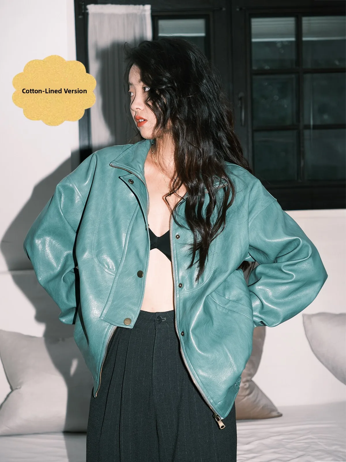

BUD Fest Retro Motorcycle Jaet Women's ort Flight Coat Winter Elegance Cotton Leather Jaet Zipper Closure Long Sve